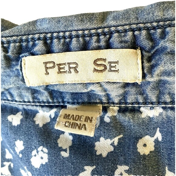 Per Se Shirt Denim Studs Roll Flip Sleeve Floral Blue 1X Button Hippie Boho Y2K - Picture 4 of 16